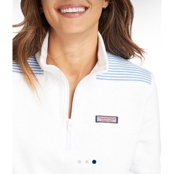 EUC! Womens Vineyard Vines White Blue Seersucker Shep 1/4 Zip Shoulder Large L - Picture 3 of 11